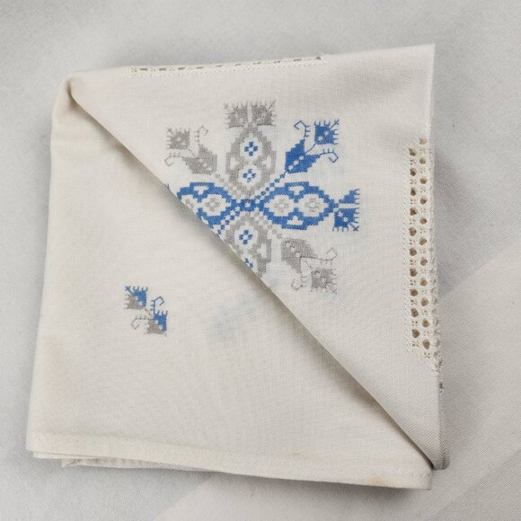 Vintage Embroidered Linen Tablecloth – 40"x40" Floral Blue Gray Stitching - Picture 1 of 13